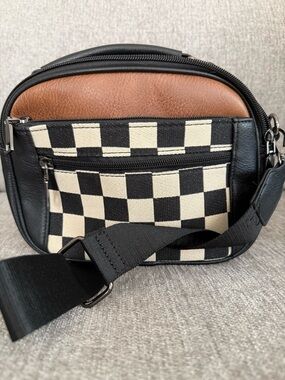 Dear Nikola Checker Canvas Crossbody Belt Bag in Black, Cream & Brown NEW